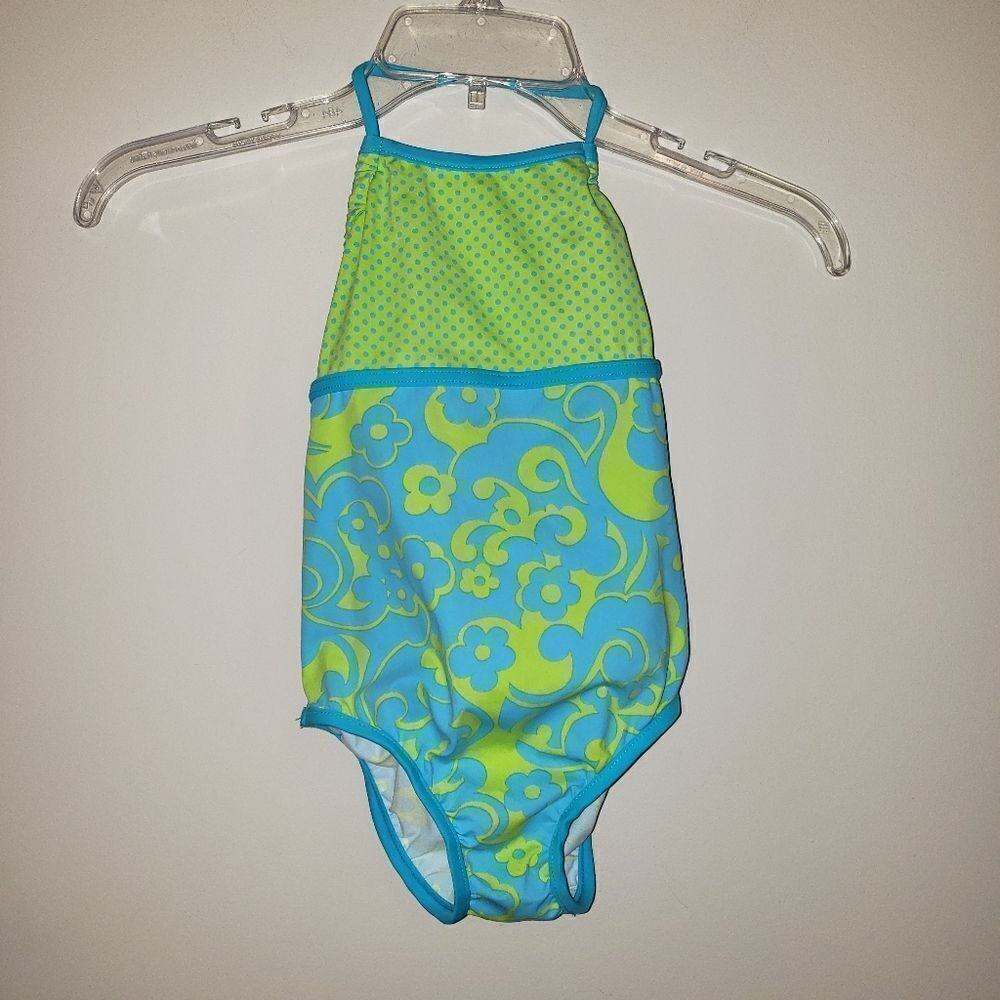 PATSY AIKEN HALTER NEON GREEN AND BLUE ONE PIECE BATHING SUIT SWIMSUIT SIZE 7